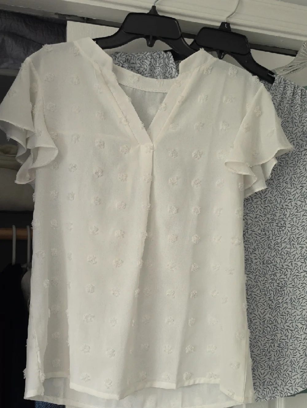 Set Of Women’s Textured Flutter Sleeve Top - Light Blue, White, Patterned, Green - Picture 3 of 5